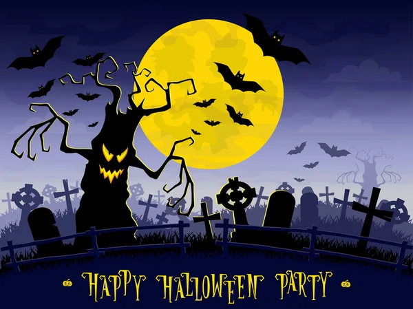 Sfondo Halloween. Alberi mostruosi spaventosi sul vecchio sfondo cimitero luna, pipistrelli e tombe. Design per concept banner, poster, biglietti o inviti alla festa. Stile cartone animato. Illustrazione vettoriale — Vettoriale Stock