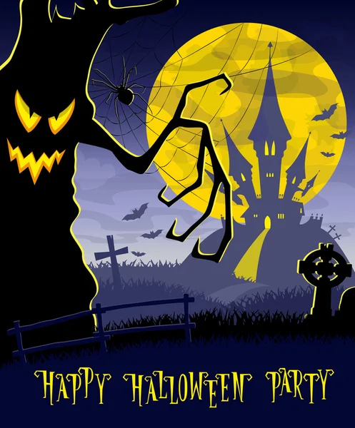 Halloween-Hintergrund. Monsterbäume vor alter Friedhofskulisse auf Gruselburg, Mond, Fledermäuse und Gräber. Konzept für Banner, Plakate, Flyer, Karten oder Einladungen zur Party. Cartoon-Stil. Vektorillustration — Stockvektor