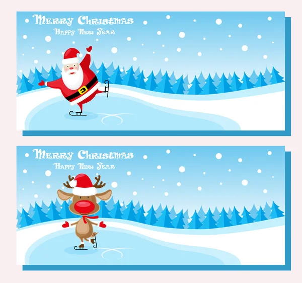Zestaw banerów śmieszne Święty Mikołaj i jelenie w łyżwach na lodowisku. Plakat koncepcyjny, bilet lub zaproszenia. Cartoon styl izolowane na różowym tle. Ilustracja wektorowa — Wektor stockowy