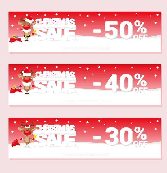 Banner vánoční prodej s Santa jeleny a text z velkých písmen na sněhu. Kreslený styl. Vektorové ilustrace — Stockový vektor