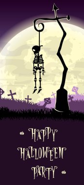 Cadılar Bayramı geçmişi. İskelet korkunç ay ve mezarlar üzerinde eski mezarlık zemin bir kutup asılı. Afiş, afiş, el ilanı, kartlar veya parti davetiyeleri için konsept. Çizgi film tarzı. Vektör çizimi