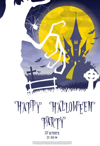 Fondo de Halloween. Silueta monstruos aterradores árboles en el antiguo cementerio telón de fondo luna, murciélagos y tumbas. Diseño para banner conceptual, póster, volante, tarjetas o invitaciones en fiesta. Estilo de dibujos animados. Vector — Vector de stock