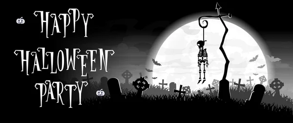 Fondo de Halloween. Esqueleto colgado en un poste en el viejo cementerio telón de fondo en la luna de miedo y tumbas. Concepto para banner, póster, volante, tarjetas o invitaciones en fiesta. Estilo de dibujos animados. Ilustración vectorial — Vector de stock