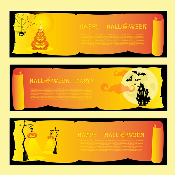 Set banner festa di Halloween con zucche, ragni, pipistrelli, lampade, casa spaventosa e luna. Vettore — Vettoriale Stock