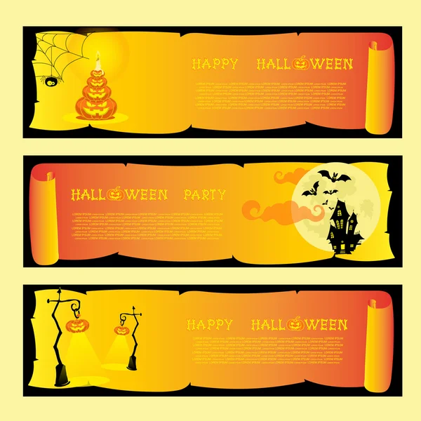 Establecer pancartas fiesta de halloween con calabazas, araña, murciélagos, lámparas, casa de miedo y la luna. Vector — Vector de stock