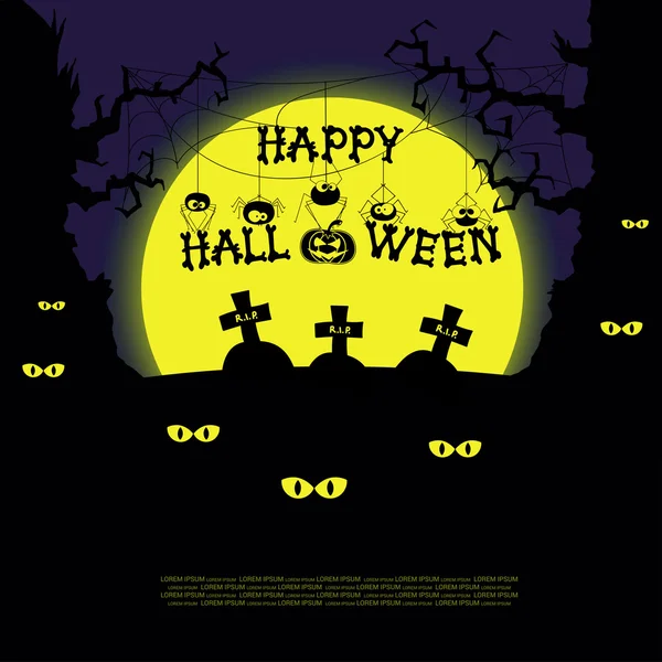 Paesaggio di Halloween con alberi spaventosi, ragni, tombe e croci su grande sfondo di luna gialla. Vettore — Vettoriale Stock