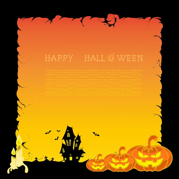 Banner de Halloween con calabazas y velas y casa de miedo sobre fondo de gradiente naranja — Vector de stock