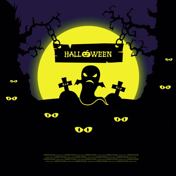 Paisaje de Halloween con árboles aterradores, fantasmas, tumbas y cruces sobre un gran fondo de luna amarilla. Vector — Vector de stock
