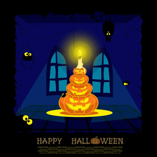 Banner de Halloween. Paisaje con lámparas de calabazas, murciélagos, arañas y casa de miedo para la fiesta. Vector — Vector de stock