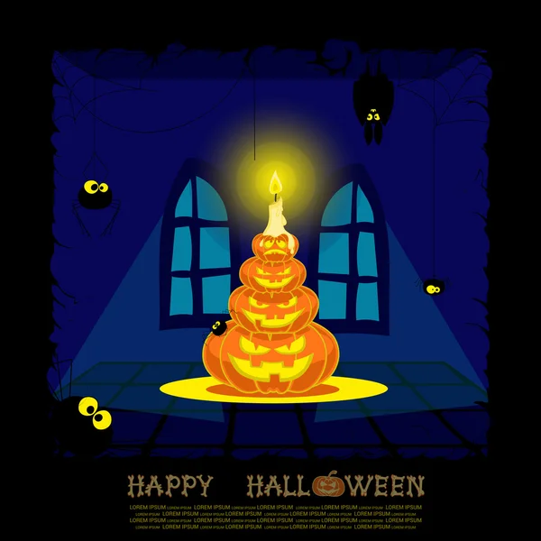 Halloween banner. Landscape with lamps from pumpkins, bats, spiders and scary house for party. Vector — Stock Illustration Halloween banner. Landscape with lamps from pumpkins, bats, spiders and scary house for party. Vector Royalty Free Stock Illustrations