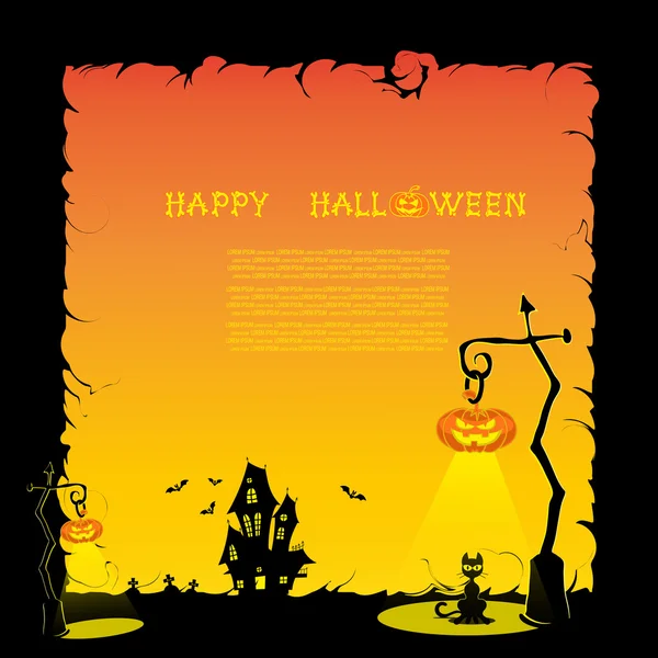 Banner de Halloween com abóboras e lâmpadas e casa assustadora no fundo gradiente laranja. Vetor — Vetor de Stock