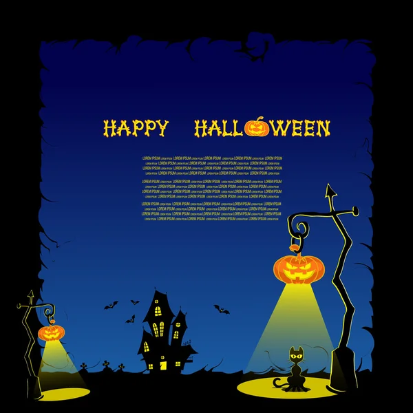 Banner de Halloween com abóboras e lâmpadas e casa assustadora no fundo gradiente azul escuro. vetor — Vetor de Stock