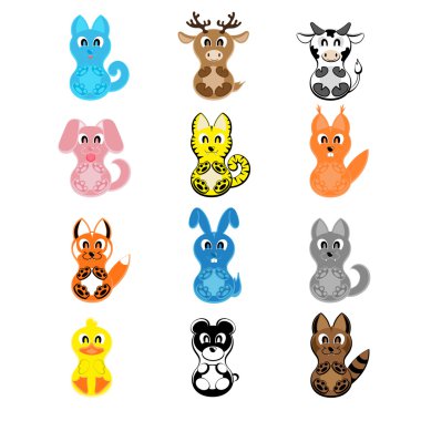 Set vector twelve design elements funny pets: cat, deer, cow, dog, tiger, wolf, fox, squirrel, raccoon, rabbit, duck, panda isolated on white background