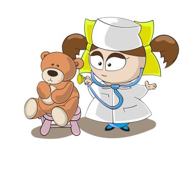 Vector. Little girl dressed in white medical gown and cap playing doctor and treats their toys from various diseases