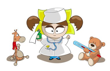 Vector. Little girl dressed in white medical gown and cap playing doctor and treats their toys from various diseases