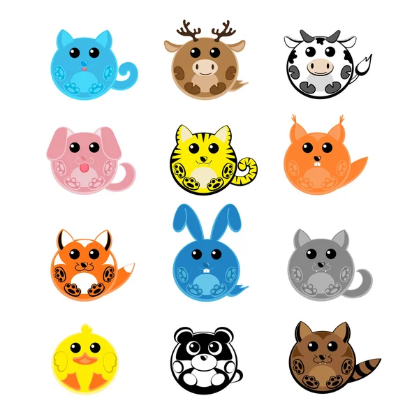 Set vector twelve design elements funny pets: cat, deer, cow, dog, tiger, wolf, fox, squirrel, raccoon, rabbit, duck, panda isolated on white background — Wektor stockowy