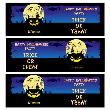 Set vector Halloween banner with pumpkins, scary trees and house on blue gradient background