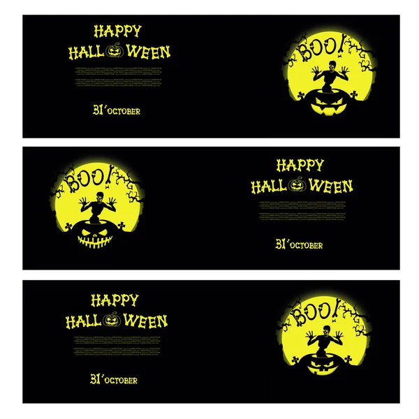 Vector Halloween banners with zombie, pumpkin, scary trees, graves and cross — Stockový vektor