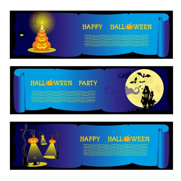 Establecer banner de Halloween vector con calabazas, fantasmas, gato y casa de miedo sobre fondo azul degradado — Vector de stock