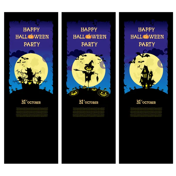 Набор векторного баннера на Хэллоуин с тыквами, страшными деревьями и домом на синем градиентном фоне — стоковый вектор