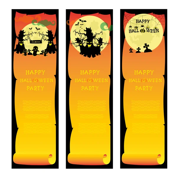 Set banners halloween party with design elements: pumpkins, spider, bats,  scary black trees and moon on gradient orange background. Vector — ストックベクタ