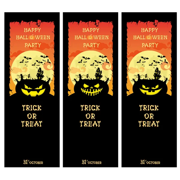 Establecer banner de Halloween vector con calabazas, árboles de miedo y la casa sobre fondo de gradiente naranja — Vector de stock