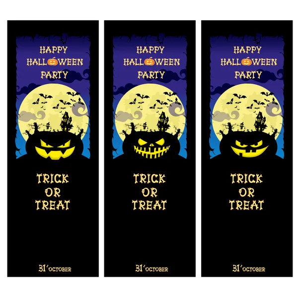 Set vector Halloween banner with pumpkins, scary trees and house on blue gradient background — Stock Vector