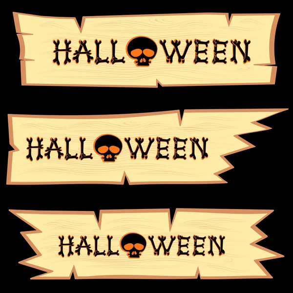 Vector design elements: halloween title with skull on wood billboard with title on black background — ストックベクタ