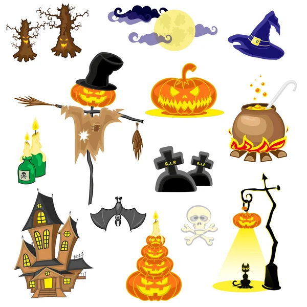 Set vector design elements: halloween pumpkins, bat, cat, scarecrow, candles, house, skull, graves and moon isolated on white background — Stock Vector