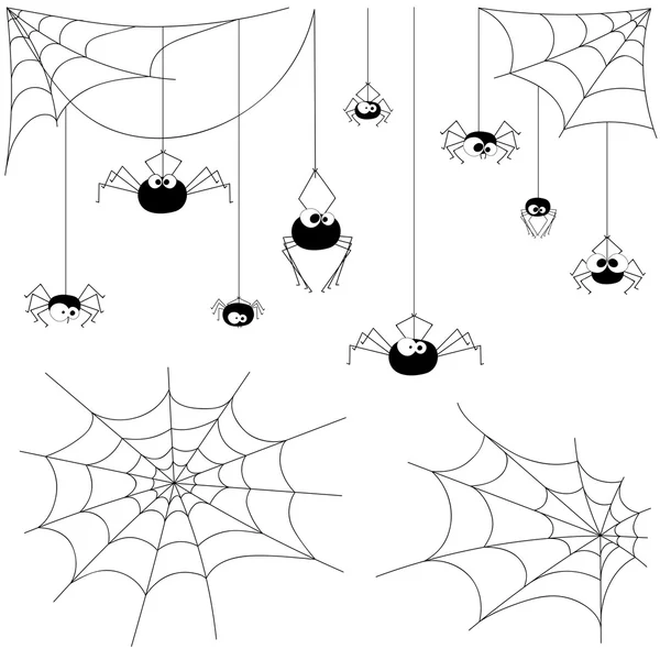 Set vector design elements spiders and webs isolated on white background. All elements are saved also as a brush — Stock Vector