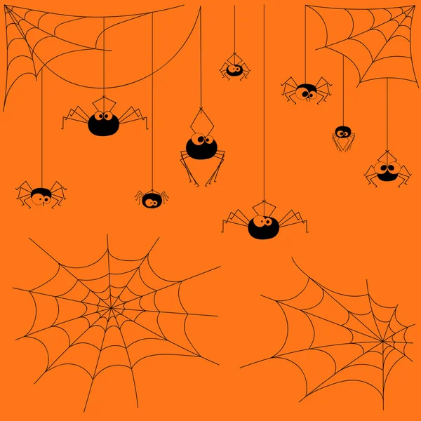 Set vector design elements spiders and webs isolated on orange background. All elements are saved also as a brush — Stock Vector