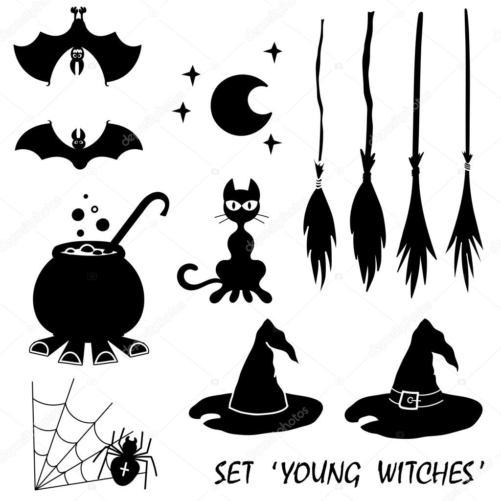 Vector set design elements 'young witches' isolated on white background. All elements are saved also as a brush