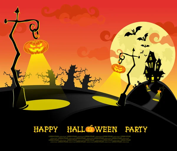 Banner de Halloween. Paisagem com lâmpadas de pumkins, morcegos e casa assustadora para festa no fundo da lua grande. Vetor — Vetor de Stock