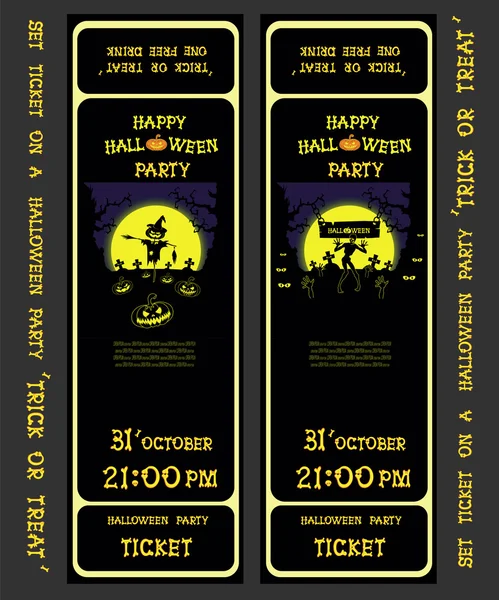 Establecer ticket de diseño de vectores en una fiesta de Halloween con calabazas, espantapájaros, esqueleto, tumbas y zombies — Vector de stock