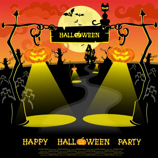 Halloween banner. Landscape with lamps from pumkins, bats and scary house for party on big moon background. Vector — ストックベクタ