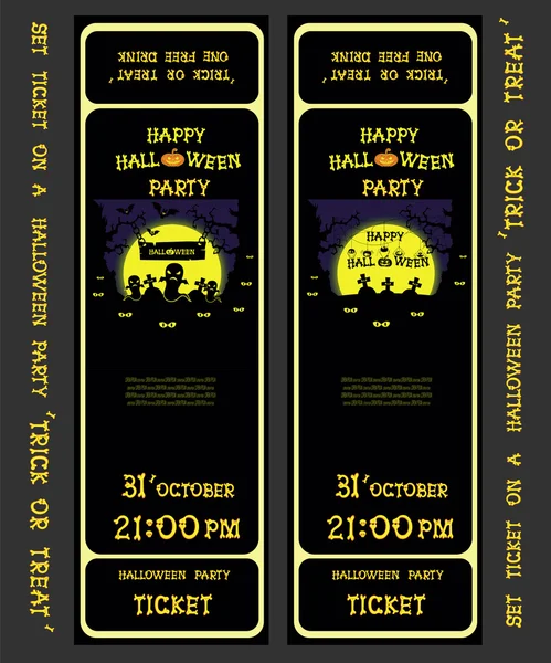 Establecer ticket de diseño vectorial en una fiesta de Halloween con calabazas, fantasma, esqueleto, tumbas murciélagos y arañas aislados — Vector de stock