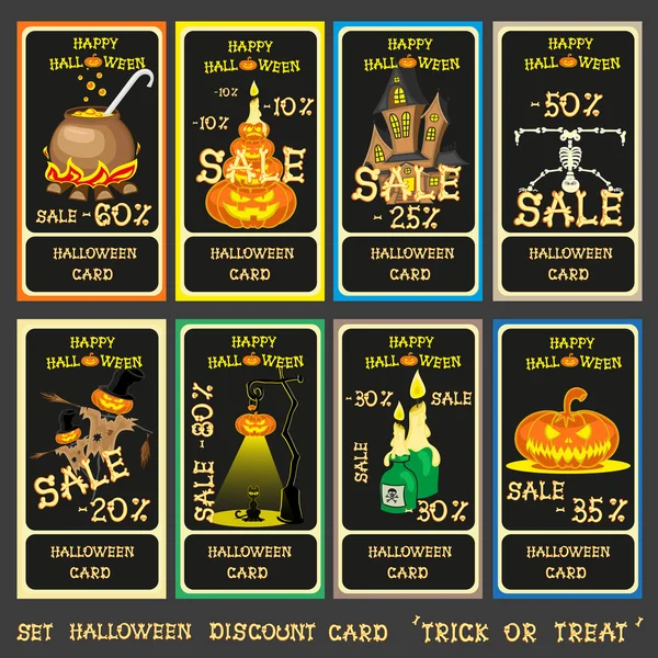 Set vector halloween discount card with pumpkins, skeleton, cat, scarecrow, candles, lamp, house and cauldron isolated on gray background — ストックベクタ