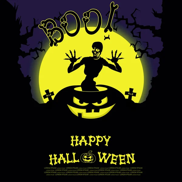 Vector Halloween paisaje con zombie, calabaza, árboles de miedo, tumbas y la luna — Vector de stock