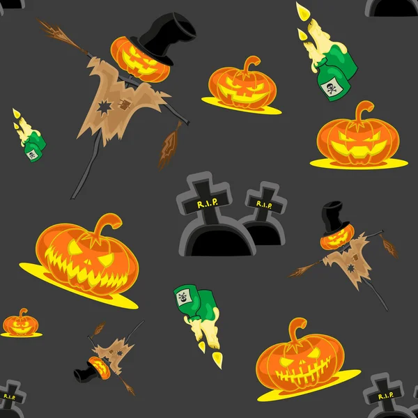 Vector sin costura fondo Halloween kit espantapájaros, calabazas, velas, tumbas y cruz — Vector de stock