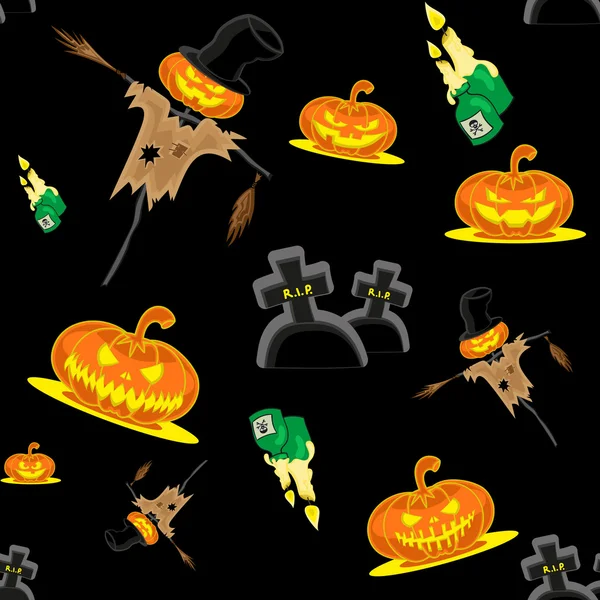 Vector sin costura fondo Halloween kit espantapájaros, calabazas, velas, tumbas y cruz — Vector de stock