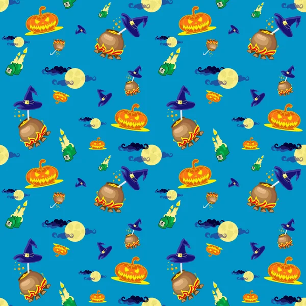 Fundo vetorial sem costura com elementos de design: abóboras halloween, velas, caldeirão e lua isolada no fundo azul — Vetor de Stock