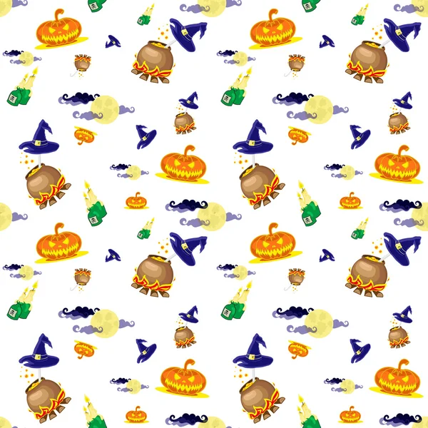 Fond vectoriel sans couture avec des éléments de conception : citrouilles d'Halloween, bougies, chaudron et lune isolés sur fond blanc — Image vectorielle