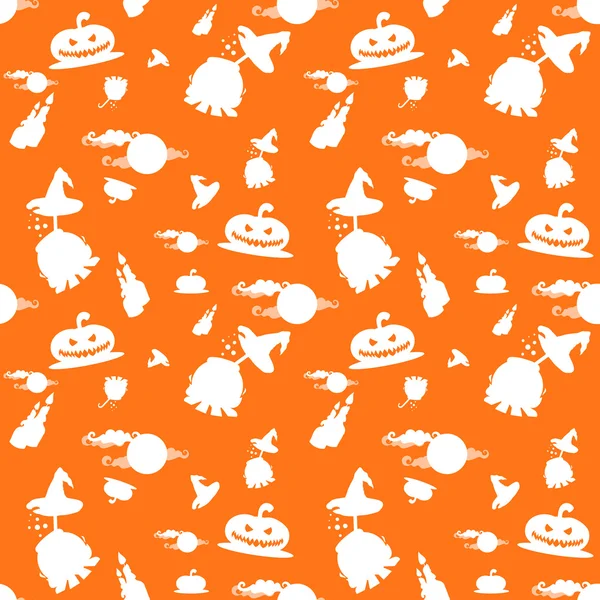 Fundo vetor sem costura com abóboras halloween, velas, caldeirão e lua isolado no fundo laranja — Vetor de Stock