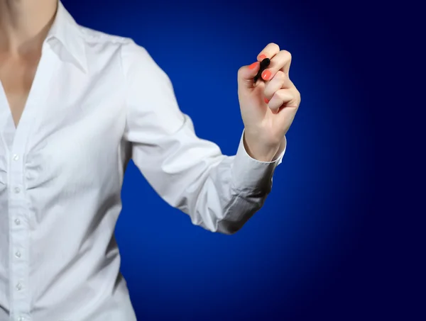 Businesswoman hand write on new system virtual computer panel Stock Image