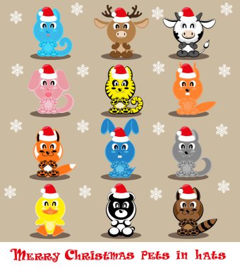 Set vector twelve icons funny pets in santa hats: cat, deer, cow, dog, tiger, wolf, fox, squirrel, raccoon, rabbit, duck, panda