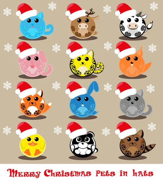 Set vector twelve icons funny pets in santa hats: cat, deer, cow, dog, tiger, wolf, fox, squirrel, raccoon, rabbit, duck, panda — Stock Vector