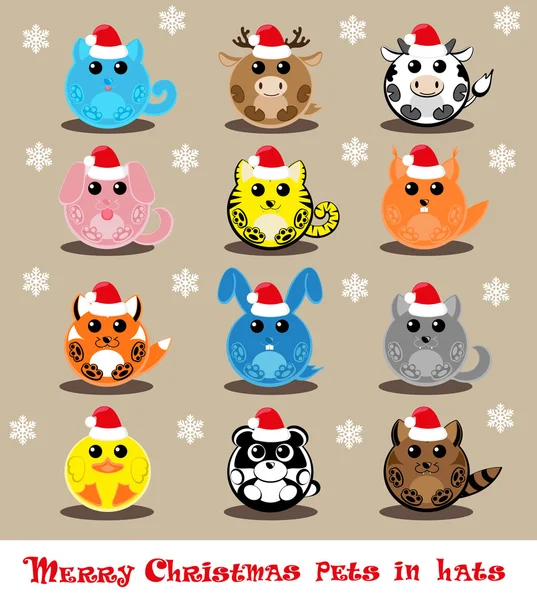 Set vector twelve icons funny pets in santa hats: cat, deer, cow, dog, tiger, wolf, fox, squirrel, raccoon, rabbit, duck, panda — Stock Vector