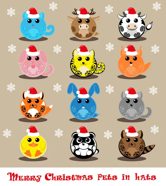 Set vector doce iconos divertidos mascotas en sombreros de santa: gato, ciervo, vaca, perro, tigre, lobo, zorro, ardilla, mapache, conejo, pato, panda — Archivo Imágenes Vectoriales