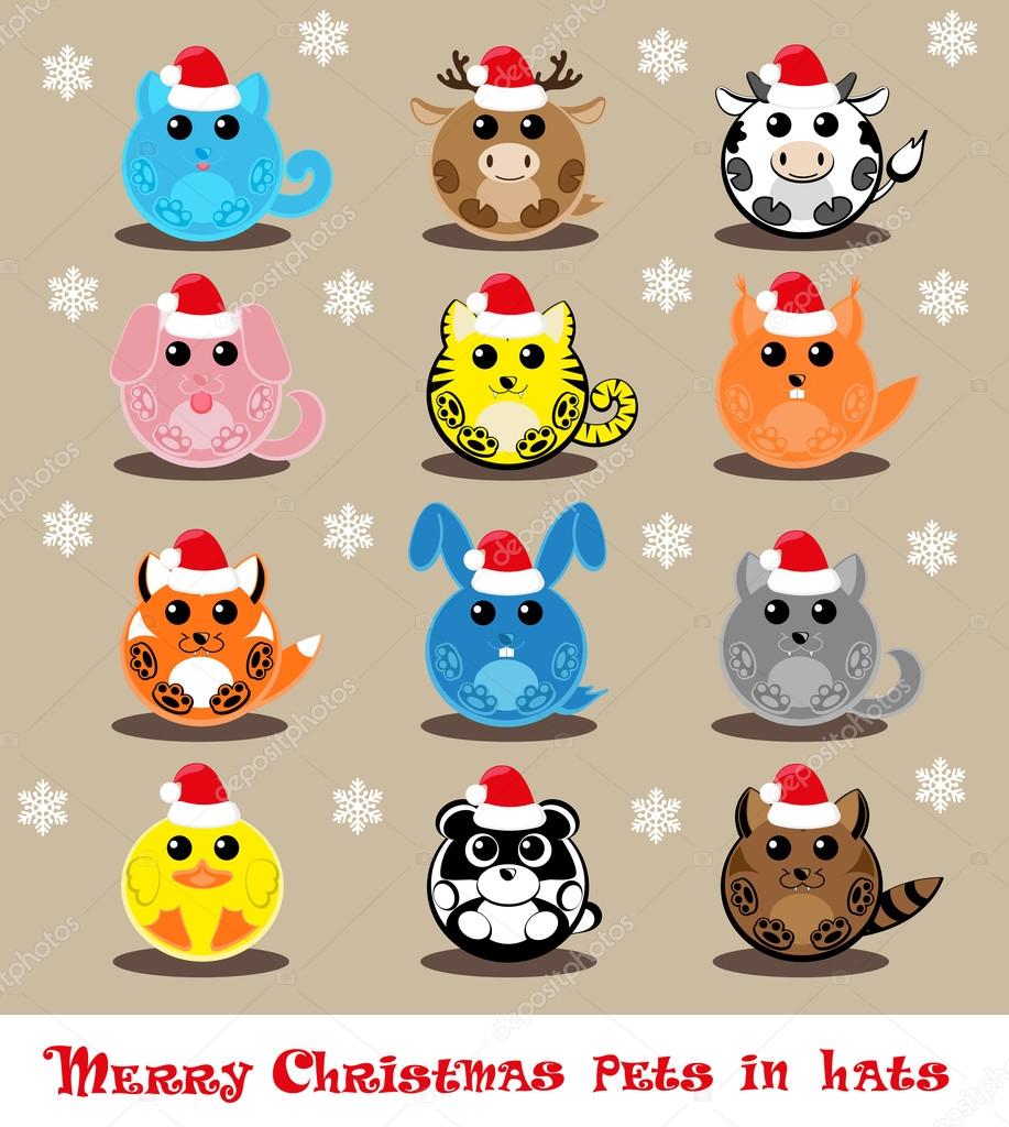 Set vector twelve icons funny pets in santa hats: cat, deer, cow, dog, tiger, wolf, fox, squirrel, raccoon, rabbit, duck, panda