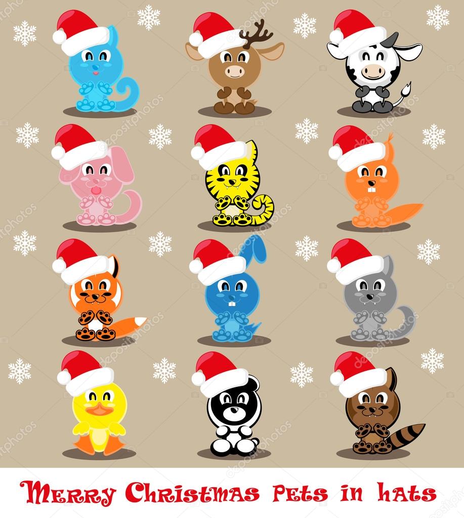 Set vector twelve icons funny pets in santa hats: cat, deer, cow, dog, tiger, wolf, fox, squirrel, raccoon, rabbit, duck, panda